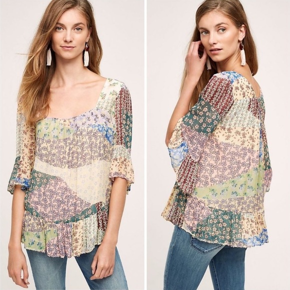 Anthropologie Floreat Patchwork Peasant Top Size Small Floral Beaded Hem Boho - Picture 1 of 9